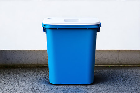 Blue Recycling Bin in front of a white wall with copy spaceの写真素材