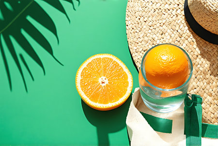 Straw hat, glass of fresh juice and orange on color backgroundの写真素材