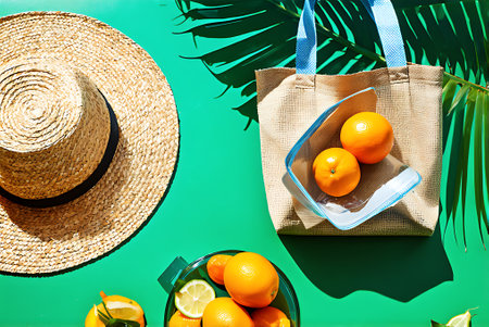 Summer flat lay. Straw hat, bag with oranges and lemons on green backgroundの写真素材