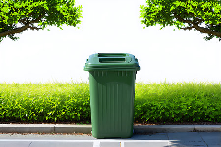 Green trash can on the street with green grass and tree background.の写真素材