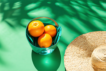 Tangerines in a bucket and a straw hat on a green background