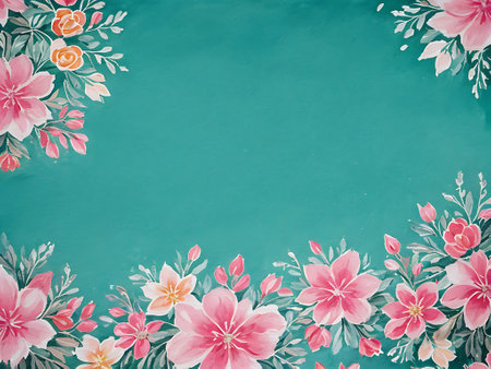 Watercolor floral background with pink flowers and leaves on turquoise backgroundの写真素材