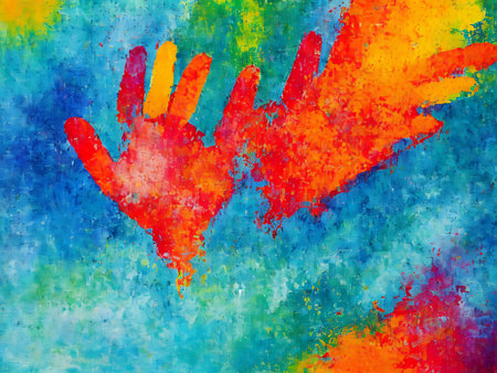 abstract colorful background with hand prints, watercolor painting on canvas