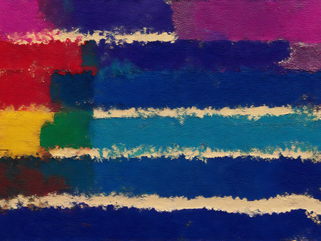 abstract background: blue, red, yellow and blue stripes on a concrete wallの写真素材