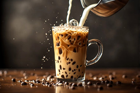 Pouring milk into a glass of iced americano coffee.