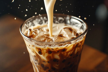 Milk is poured into a glass of iced coffee with ice cubes