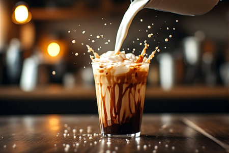 Pouring milk into a glass of ice coffee with whipped cream.