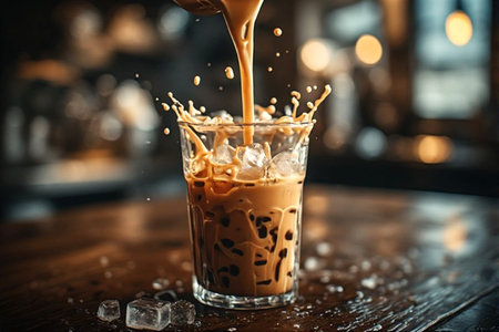 Pouring milk into a glass of iced coffee with ice cubes