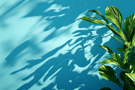 Tropical leaves shadow on a blue wall background. Copy space.