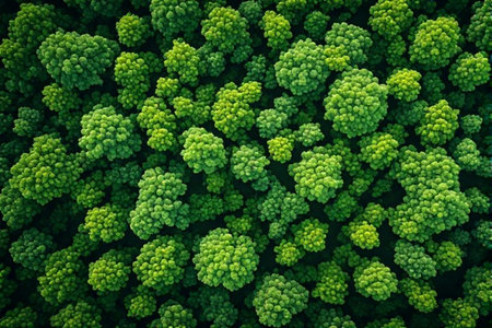 Aerial view of green broccoli. Top view. Nature background.