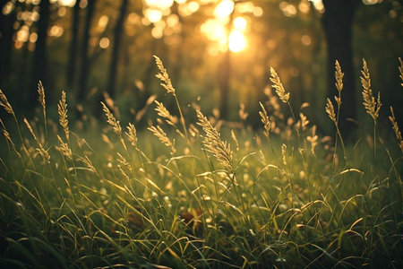 Sunset or sunrise in the forest with grass and sunbeams
