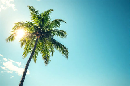 Coconut palm tree on blue sky background. Vintage toned