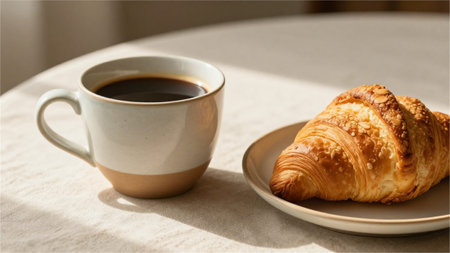 Coffee cup and croissant on table in morning light