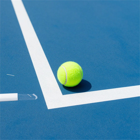 Tennis ball on the court and white line on a blue background