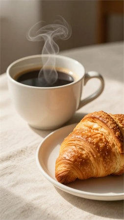 Cup of coffee and croissant on the table in the morning