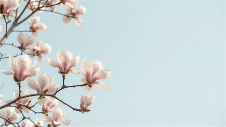 Blooming magnolia flowers on blue sky background. Beautiful spring floral background