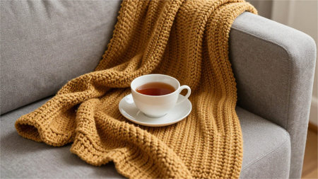 A cup of tea wrapped in a warm knitted scarf on the sofa.