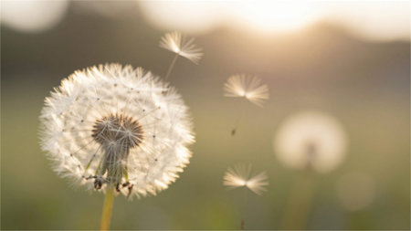 Dandelion seeds in the morning sun. Soft focus and shallow DOF.