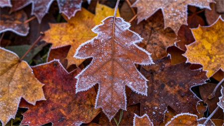Frosted autumn leaves in the forest, close-up.