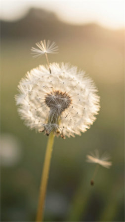 Dandelion flower at sunset. Soft focus. Nature background.