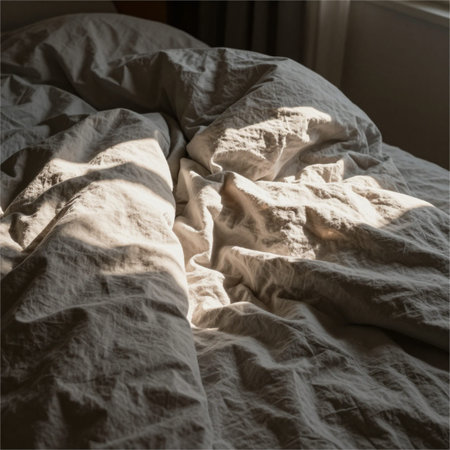 Crumpled white blanket on the bed in the morning light.
