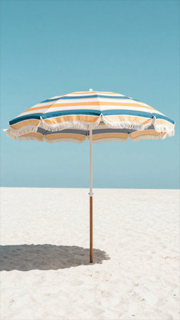 Beach umbrella on the sand against the blue sky. 3d rendering
