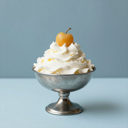Vanilla ice cream with cherry in silver bowl on blue background.