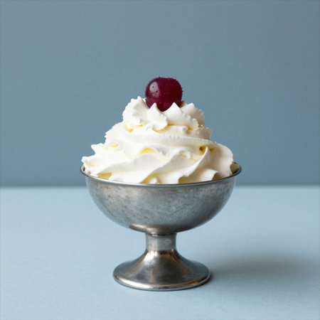 Cup of vanilla ice cream with whipped cream and cherry on blue background