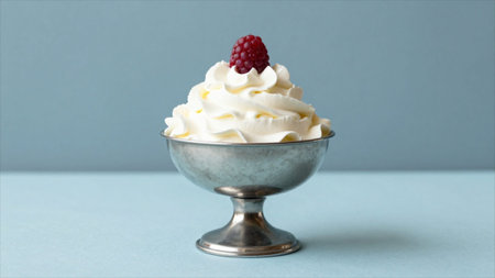 Creamy vanilla ice cream with raspberries in a bowl on blue background