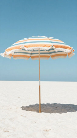 Beach umbrella on the white sand of the Dead Sea, Israel