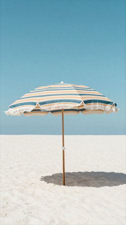 Beach umbrella on a sunny day, white sand and blue sky