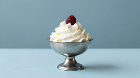 Vanilla ice cream with raspberries in a metal bowl on a blue background