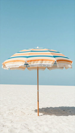 Beach umbrella on the sand against the blue sky. Vacation concept