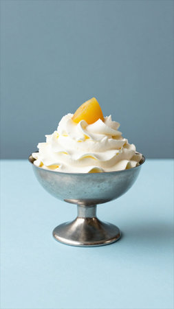 Meringue dessert with whipped cream in a bowl on a blue background