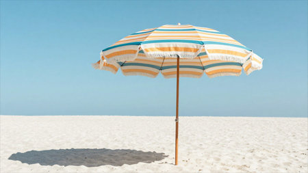 Beach umbrella on the sand against the blue sky. Vacation concept