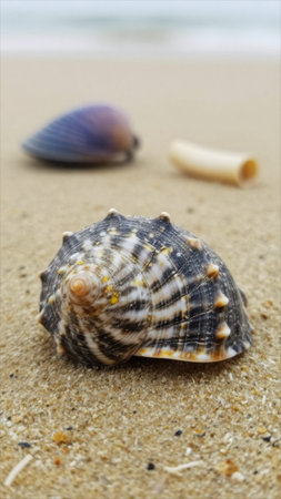 Seashells and coral on the sandy beach. Selective focus.