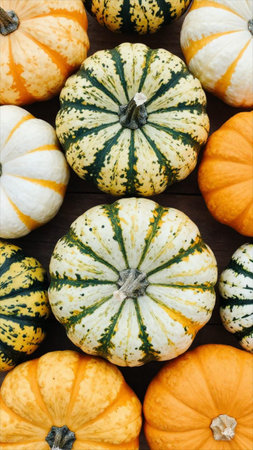 Colorful pumpkins on a rustic wooden background, top view