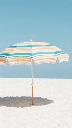 Beach umbrella on the white sand of the beach, blue sky