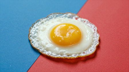 Close up of fried egg in a plate on red and blue background