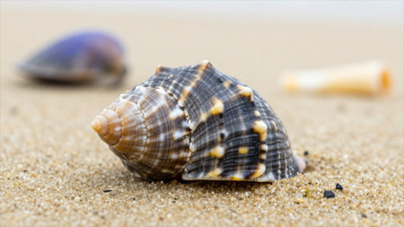 Seashells on the sandy beach. Selective focus.