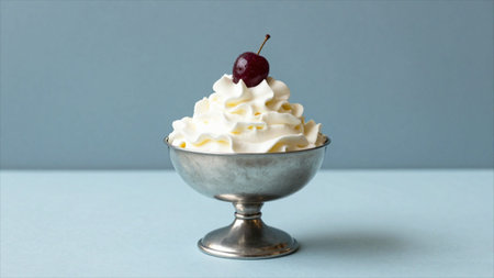 Vanilla ice cream with cherry in a bowl on a blue background