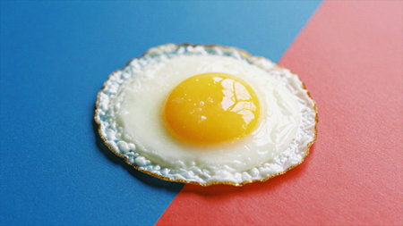 Fried egg on a white plate on a blue and red background
