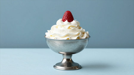 Vanilla ice cream with strawberry in a bowl on blue background.