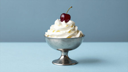 Vanilla ice cream with cherry in a metal bowl on blue background