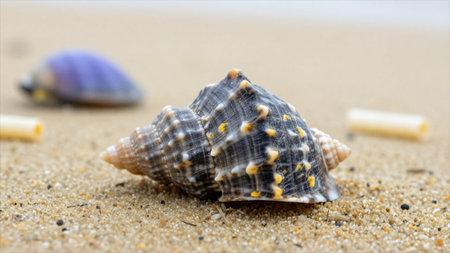 Seashells on the sand. Shallow depth of field.