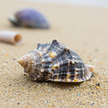 Sea shell on the sand. Selective focus. Shallow depth of field.
