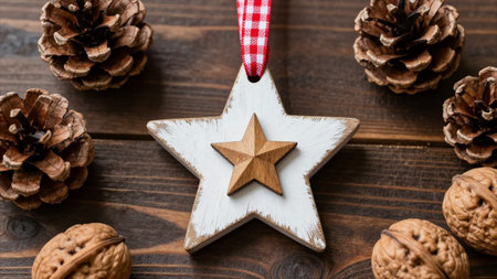 Christmas decoration with wooden star and pine cones on rustic wooden background