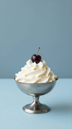 Vanilla ice cream with cherry in a silver bowl on blue background