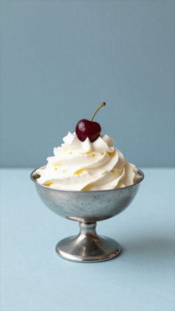 Vanilla ice cream with cherry in a silver bowl on blue background