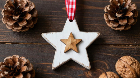 Christmas decoration on a wooden background. Top view with copy space.